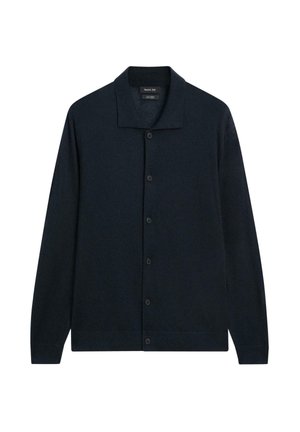 Navy blue cardigan made of soft fabric, featuring a classic collar, button front, long sleeves, and a straight hem.