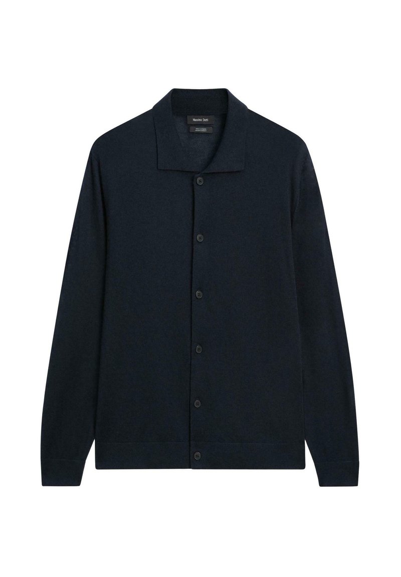 Cardigan blu navy realizzato in morbido tessuto, con colletto classico, chiusura a bottoni, maniche lunghe e orlo dritto.