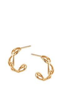 Złote kolczyki koła z designem połączonego łańcucha, charakteryzujące się otwartą strukturą i gładką teksturą. Posiadają smukły pręt zapewniający bezpieczeństwo noszenia.