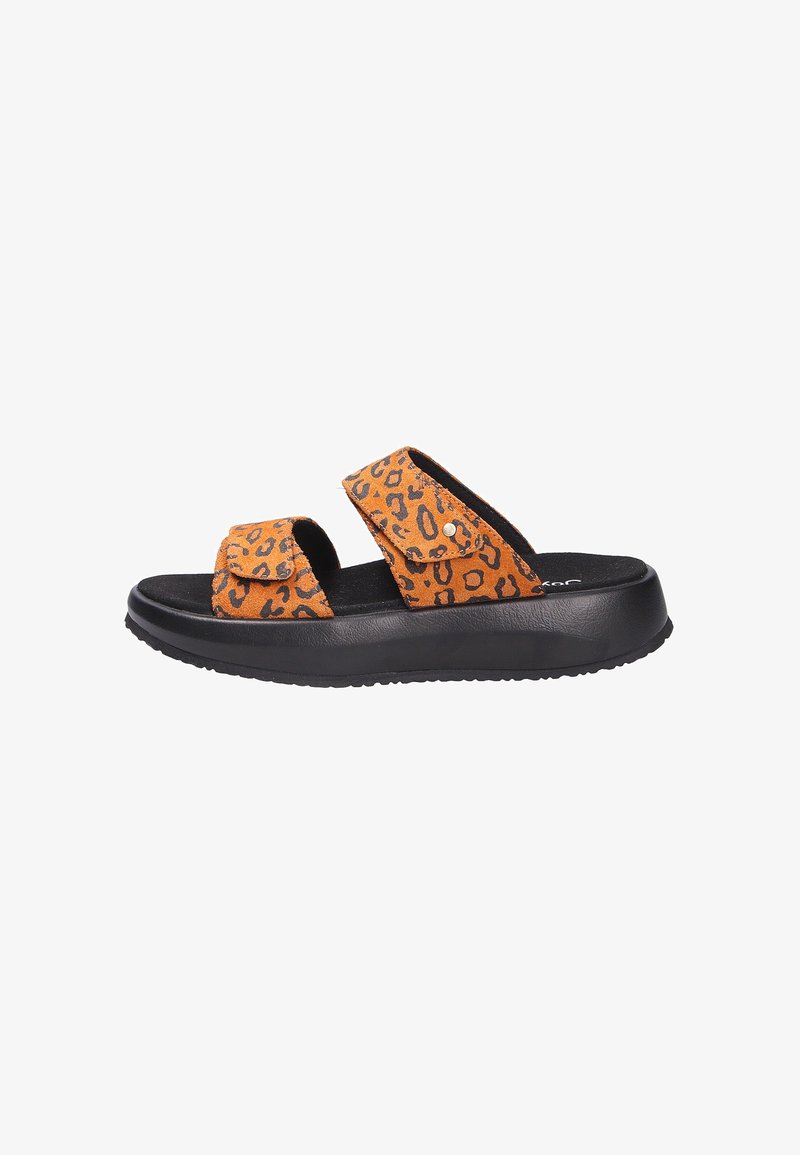 Infradito con stampa leopardata arancione, con cinturini neri testurizzati e una soletta imbottita, caratterizzati da una suola in gomma nera solida.