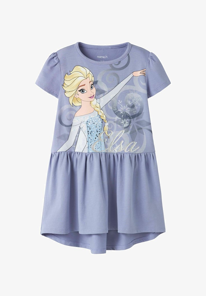 Hellviolettes Kurzarmkleid mit der Frozen-Figur Elsa in einem funkelnden blauen Kleid und dem Schriftzug „Elsa“ auf dem Oberteil.