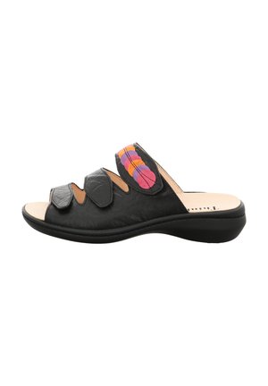 Black leather slide sandal with three wide straps and colorful accent detailing in orange, pink, and purple. Low, curved black sole.