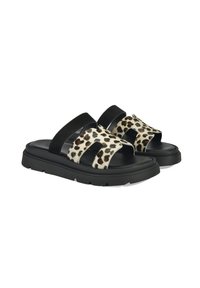 Zwarte platform sandalen met twee brede bandjes. Eén bandje is geheel zwart, het andere heeft een luipaardprint op een beige achtergrond.