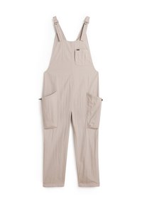 Beige Latzhose aus leichtem Stoff mit verstellbaren Trägern, einer Brusttasche und zwei großen Seitentaschen für Stauraum.