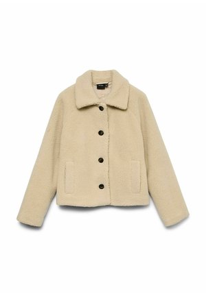 Beige fleece jack met een kraag, sluiting met knopen aan de voorkant, twee zijzakken en een zachte textuur. Casual cropped ontwerp.