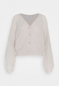 Cárdigan corto de punto beige claro con escote en V, mangas largas abullonadas y cinco botones redondos en la parte delantera, con un dobladillo de canalé.