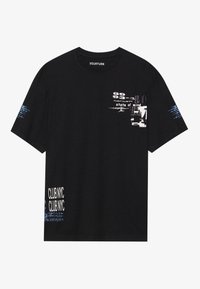 Black cotton t-shirt featuring various graphic prints in white and blue. Regular fit, crew neckline, and short sleeves with text designs.