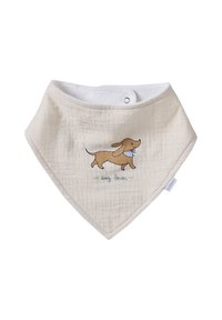 Beige baby bib with a cartoon dachshund wearing a blue scarf and "dog lover" text embroidered below. Snap button closure at the top.