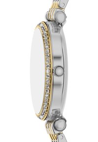 RVS horloge met een ronde zilveren kast, vergulde bezel en ingelegde heldere stenen. Glad oppervlak en slank ontwerp van de band.