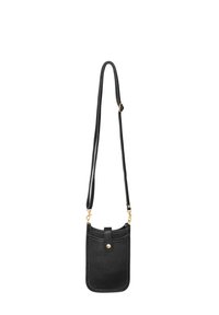 Bolso cruzado de cuero negro con un acabado texturizado, cierre superior de botón a presión y herrajes en tono dorado. Correa ajustable y forma compacta.