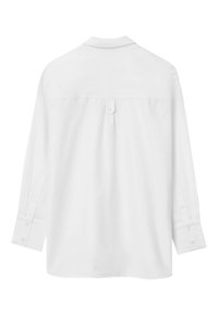 White button-up shirt with a collar, long sleeves, and single back button. Smooth texture and straight hem.