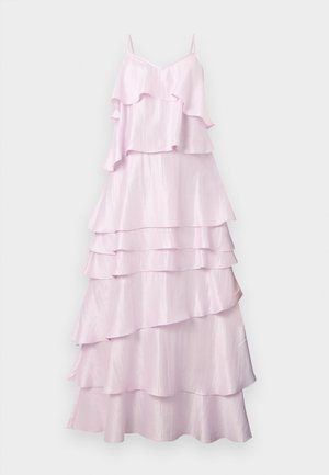 Lys pink ærmeløs lagdelt maxikjole med tynde stropper og flæselag.