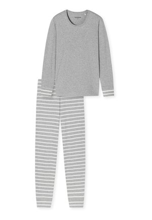 Grå långärmad topp med rund halsringning och randiga detaljer på ärmsluten, tillsammans med matchande randiga pyjamasbyxor i ljus och mörk grå.