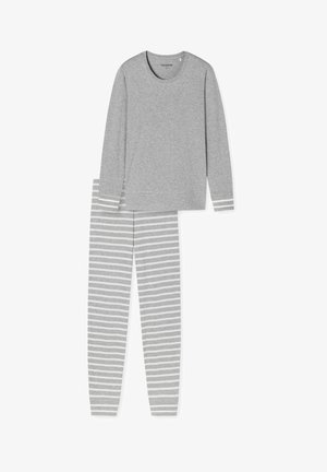 Grijze lange mouw top met een ronde hals en gestreepte accenten op de manchetten, gecombineerd met bijpassende gestreepte pyjamabroek in licht en donkergrijs.