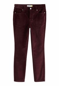 Kape slim-fit burgundy dari korduroi dengan lima poket, perak keras, dan tekstur halus. Corak berpetak menegak di seluruh fabrik.