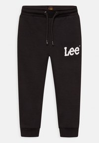 Svarta bomullsjoggers med elastiskt midjeband och dragsko. Ribbad mudd och vit "Lee"-logotyp på vänster lår. Slät textur.