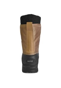 Brauner wasserdichter Stiefel mit strukturiertem, hellbraunem Obermaterial und schwarzer Fleece-Innenseite. Verfügt über eine schwarze Gummisohle mit Profil für besseren Halt und eine Zuglasche.