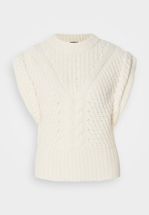 Sweater sem mangas, branco, tricotado, com um padrão texturizado, detalhes trançados nos ombros e uma bainha canelada.