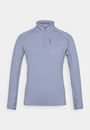 Pull-over zippé à manches longues de couleur violet clair, fabriqué en tissu texturé. Il présente un col haut et une poche poitrine zippée avec des détails de couture contrastés.