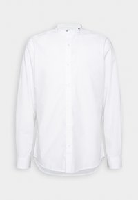 Witte langemouwen shirt met een bandkraag, sluiting met knopen aan de voorkant en een gebogen zoom. Gemaakt van een gladde stof, zonder zichtbare patronen.