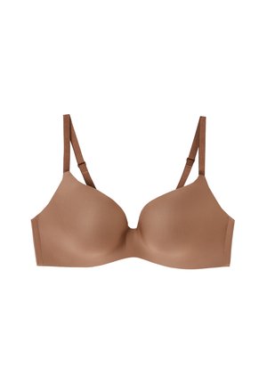 Bra aus braunem Formmaterial mit glatter Textur, verstellbaren Trägern und nahtlosem Design. Schlichte Verarbeitung ohne Verzierungen.