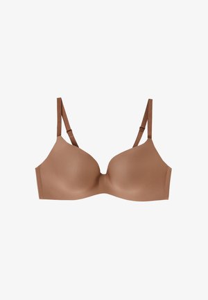 Reggiseno in pizzo marrone con ferretto, texture liscia, spalline regolabili e design senza cuciture. Costruzione semplice senza decorazioni.