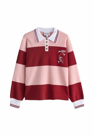 Langärmeliges Rugbyshirt mit breiten, pinken und dunkelroten horizontalen Streifen, weißem Kragen mit Knöpfen und Basketball-Cartoon-Logo auf der Brust.