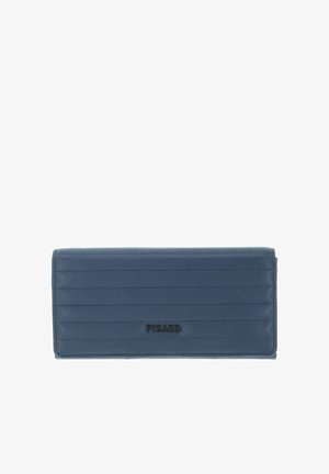 Portefeuille en cuir bleu avec un design matelassé, une quincaillerie noire et le logo embossé "PICARD". Forme rectangulaire avec des accents cousus.