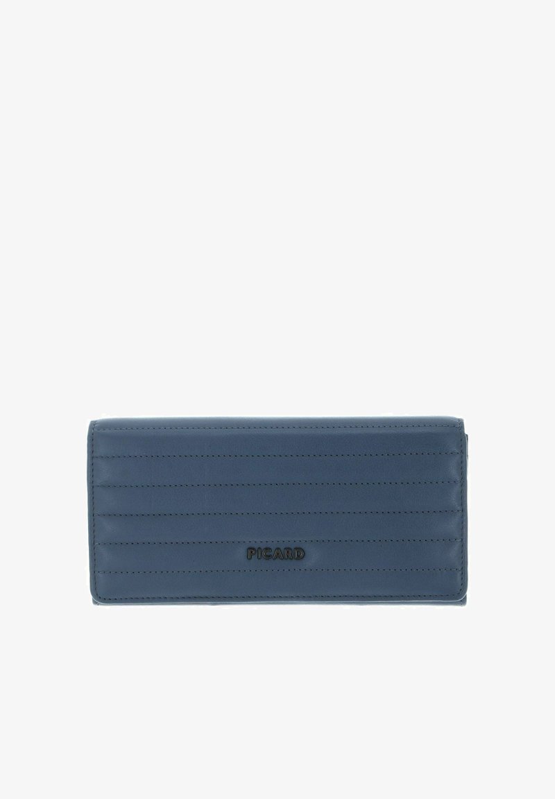 Portefeuille en cuir bleu avec un design matelassé, une quincaillerie noire et le logo embossé "PICARD". Forme rectangulaire avec des accents cousus.