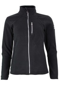 Veste en polaire noire avec un col haut, fermeture éclair contrastante, poche poitrine zippée et détails de couture subtils sur les épaules.