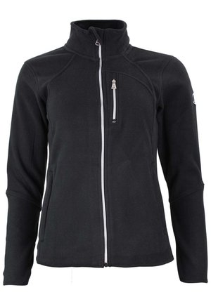 Veste en polaire noire avec un col haut, fermeture éclair contrastante, poche poitrine zippée et détails de couture subtils sur les épaules.