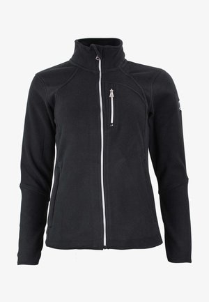 Veste en polaire noire avec un col haut, fermeture éclair contrastante, poche poitrine zippée et détails de couture subtils sur les épaules.