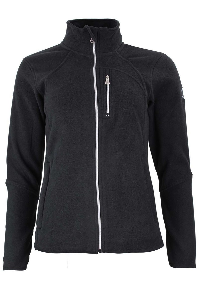 Veste en polaire noire avec un col haut, fermeture éclair contrastante, poche poitrine zippée et détails de couture subtils sur les épaules.