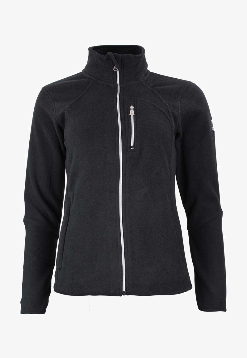 Veste en polaire noire avec un col haut, fermeture éclair contrastante, poche poitrine zippée et détails de couture subtils sur les épaules.