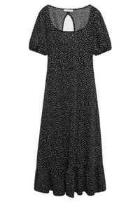 Czarna sukienka z krótkimi bufkami, białe kropki, wycięcie na plecach i rozkloszowany dół. Wykonana z lekkiego, zwiewnego materiału.