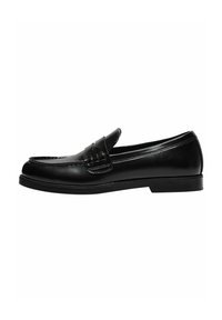 Black leather loafer with a smooth finish, featuring a stitch detail on the vamp and a low, solid black rubber sole.
