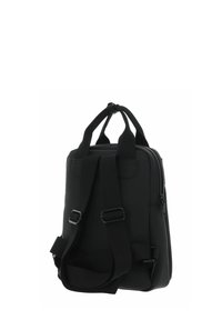 Sac à dos compact noir avec bretelles ajustables, poignées supérieures et fermeture éclair latérale visible sur fond blanc.