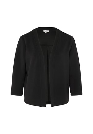 Schwarzer Cardigan mit offenem Vorderteil, dreiviertellangen Ärmeln, schlichter Gestaltung und ohne sichtbare Knöpfe oder Verschlüsse.