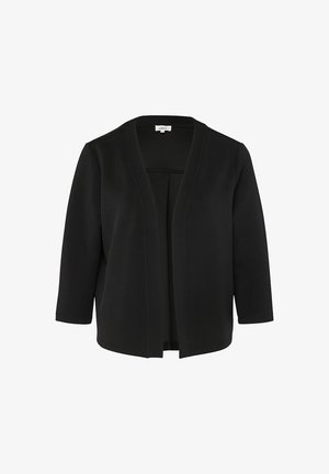 Czarny kardigan z otwartym przodem, o trzy-czwarte długości rękawów, prostym kroju, bez widocznych guzików ani zapięć.