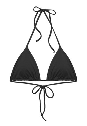 Haut de bikini triangle noir avec fines bretelles réglables nouées autour du cou et dans le dos, en tissu lisse.