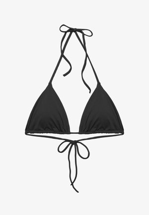 Top bikini a triangolo nero con spalline sottili regolabili annodate al collo e dietro, realizzato in tessuto liscio.