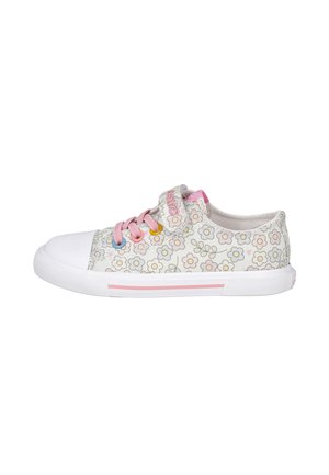 Zapatilla blanca para niños con estampado floral en tonos pastel, cordones rosas, tira de velcro y suela de goma con una franja rosa.