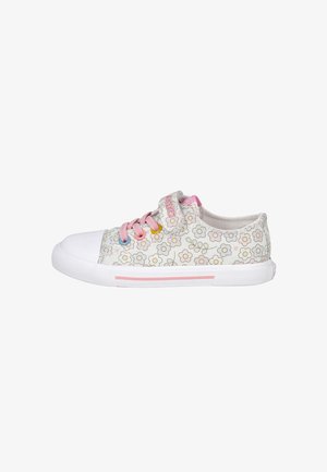Zapatilla blanca para niños con estampado floral en tonos pastel, cordones rosas, tira de velcro y suela de goma con una franja rosa.