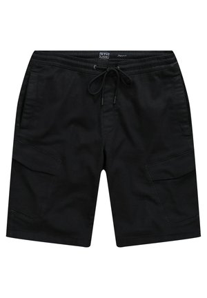 Schwarze Cargo-Shorts mit elastischem Bund und Kordelzug. Verfügt über zwei Seitentaschen, flachen Frontschnitt und strapazierfähigen Stoff.