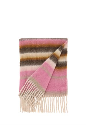 Bufanda de lana suave con rayas horizontales en rosa, marrón, beige y blanco, con extremos con flecos, doblada con una esquina vuelta.