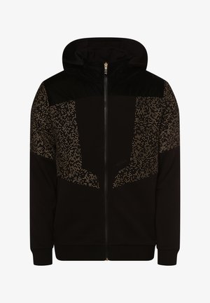 Schwarzer Hoodie mit Reißverschluss, versehen mit einem goldfarbenen, pixelartigen Muster über den Schultern und den oberen Ärmeln, mit Kapuze sowie gerippten Bündchen und Saum.