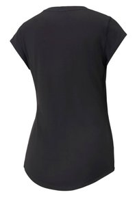 Svart kortärmad T-shirt i slät tyg, med rundad nederkant och subtila sömnadsdetaljer längs kanterna.