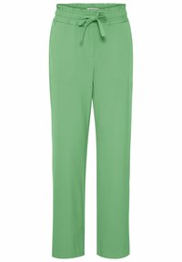 Zielone spodnie o prostym kroju z elastycznym pasem i regulowanym sznurkiem, z bocznymi kieszeniami i gładkiego materiału.