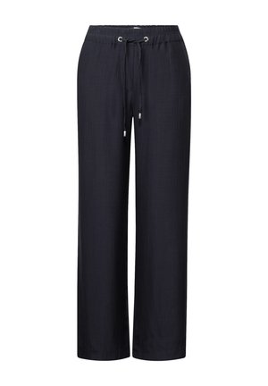 Navy blue wide-leg pants made from textured fabric, featuring an elastic waistband with a drawstring and silver metal tips.