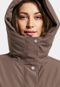 Braune, isolierte Jacke mit hohem Kragen und Kapuze, ausgestattet mit einem silbernen Druckknopfdetail und einer glatten, matten Textur.
